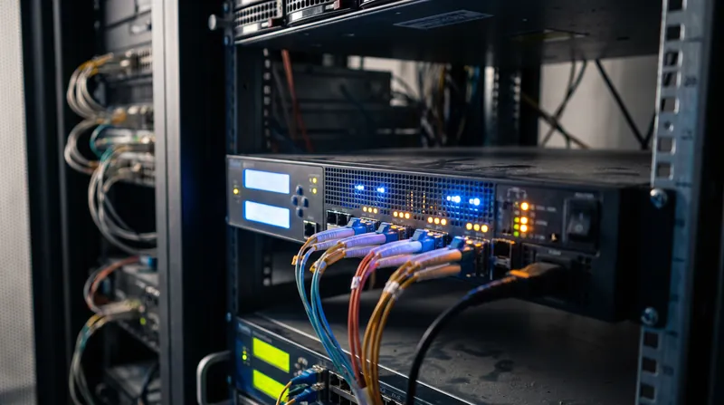 A close-up view of a glowing enterprise network router mounted in a dark server rack.