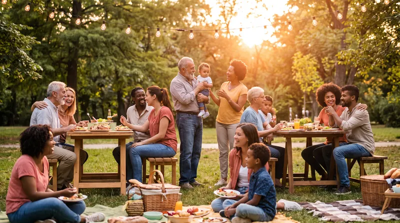 A large, diverse, multi-generational family gathered outdoors in warm lighting, interacting naturally.