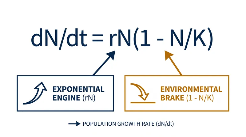 The logistic equation separates intrinsic growth from environmental resistance.