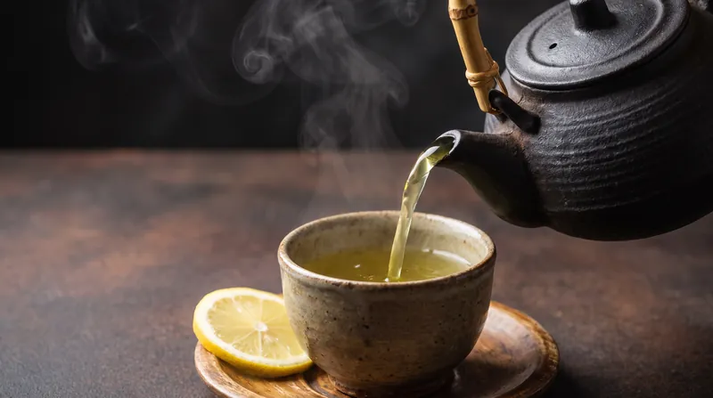 Pale green tea being poured from a dark cast-iron teapot into a ceramic cup next to a slice of lemon.