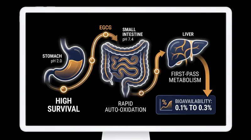 The journey of EGCG through the digestive tract reveals multiple biological bottlenecks that prevent absorption.