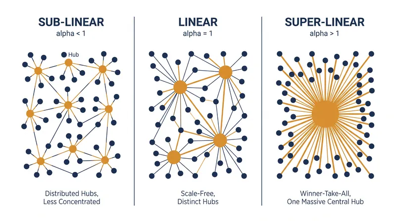 The structural topology of a network changes dramatically depending on the exact exponent of the attachment probability.