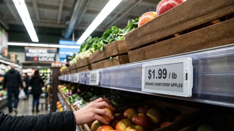 A digital electronic shelf label displaying a price below fresh produce in a brightly lit grocery store aisle.