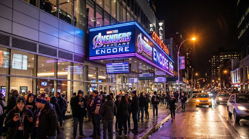 A brightly lit movie theater marquee at night showing the title Avengers Endgame Encore with crowds below.
