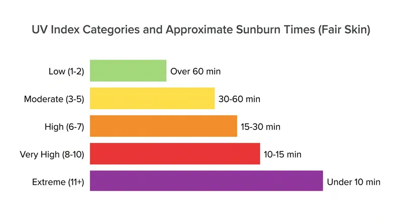 The five standardized UV Index categories and their corresponding sunburn risk.