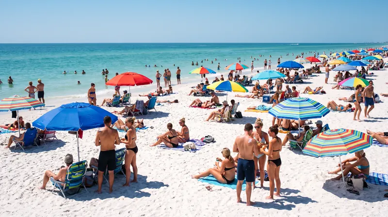 A crowded white-sand beach on a clear summer day with people sitting under colorful umbrellas.