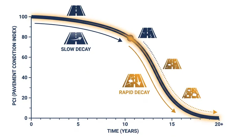 Pavement degrades slowly for the first 75% of its lifespan before rapidly failing in the final 25%.