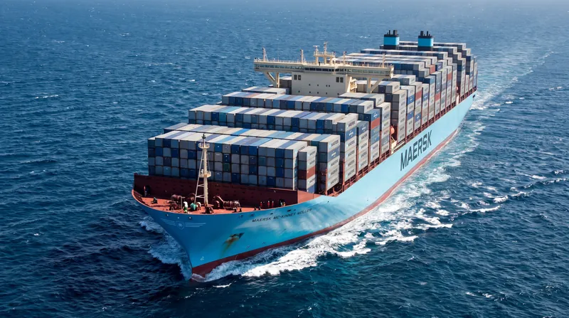 A massive blue Maersk container ship fully loaded with cargo containers sailing on the open ocean.