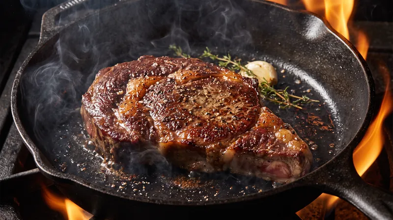 A thick cut of steak searing in a cast-iron pan with a dark, bubbling crust forming on the surface.