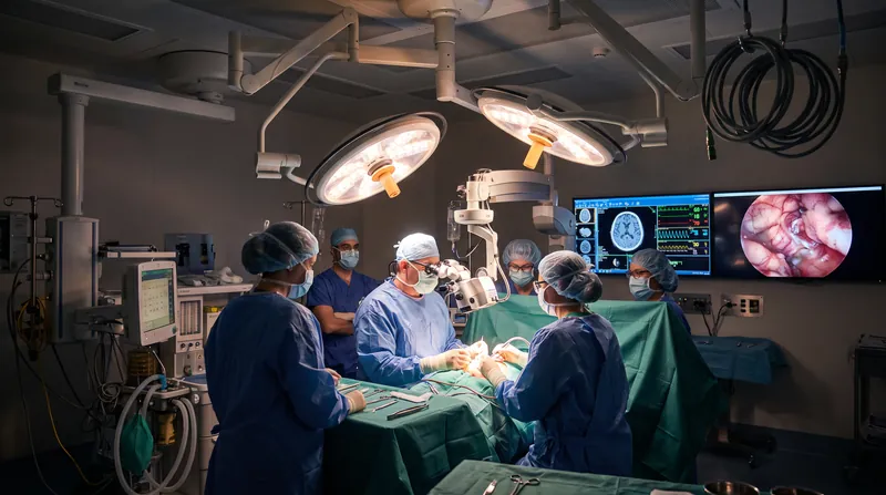 Neurosurgeons in sterile scrubs operating under bright surgical lights in a modern hospital theater.