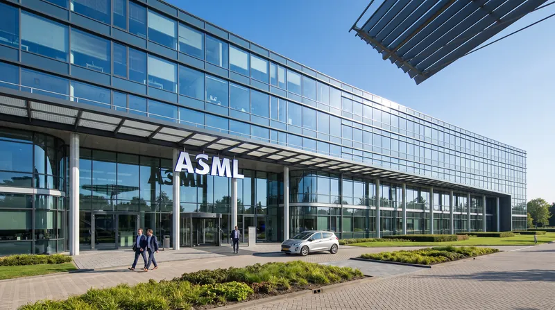 The modern glass exterior of the ASML headquarters building in Veldhoven, Netherlands, under bright daylight.