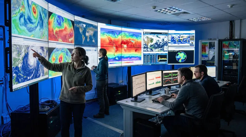Scientists analyzing atmospheric data and climate models on large illuminated screens in a research facility.