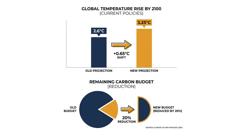 The revised models project a 3.25°C temperature rise by 2100 under current policies, up from previous estimates of 2.6°C.