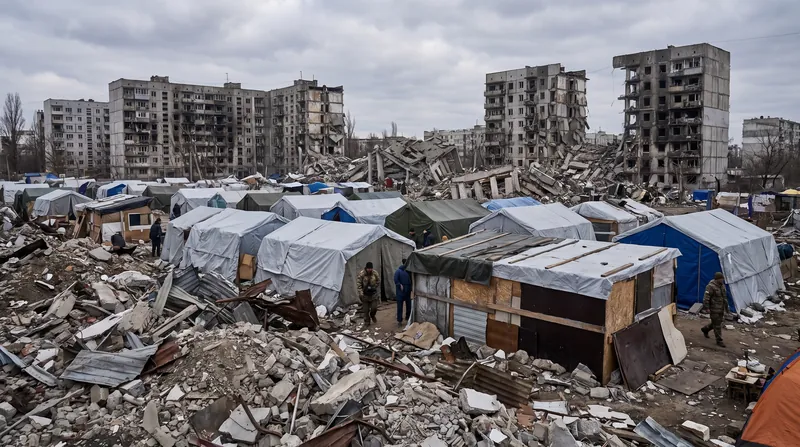 Extensive rubble and collapsed concrete buildings in Gaza with temporary tents set up in the foreground.