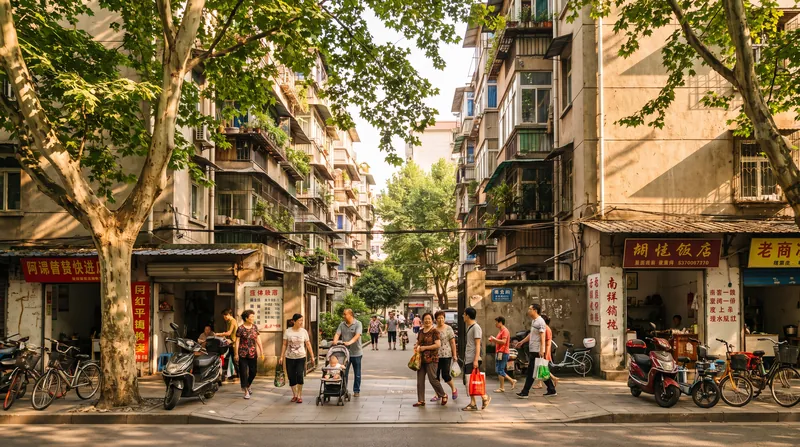 Families walking along a tree-lined sidewalk past established mid-rise apartment buildings in a Chinese residential neighborhood.