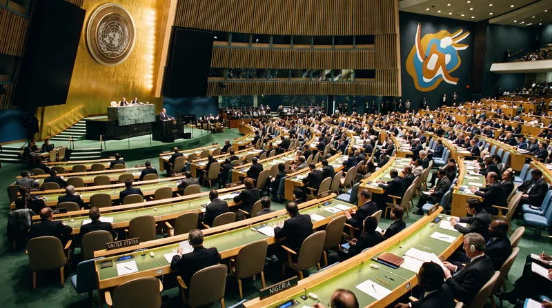 Wide view of the United Nations General Assembly hall during a diplomatic session.