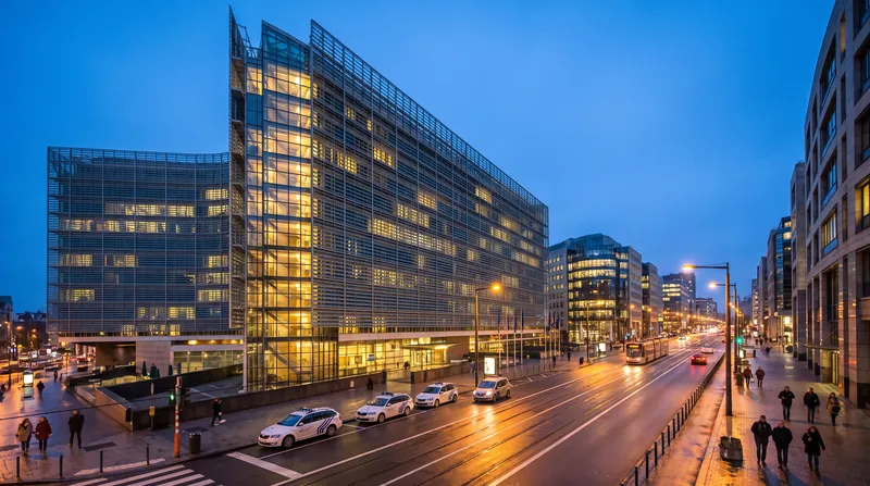 The exterior of the European Commission building in Brussels illuminated at dusk.