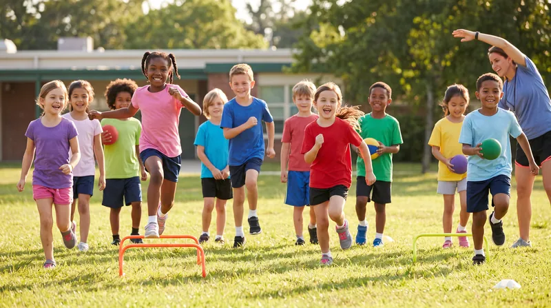 A group of elementary school children participating in an outdoor physical activity class.