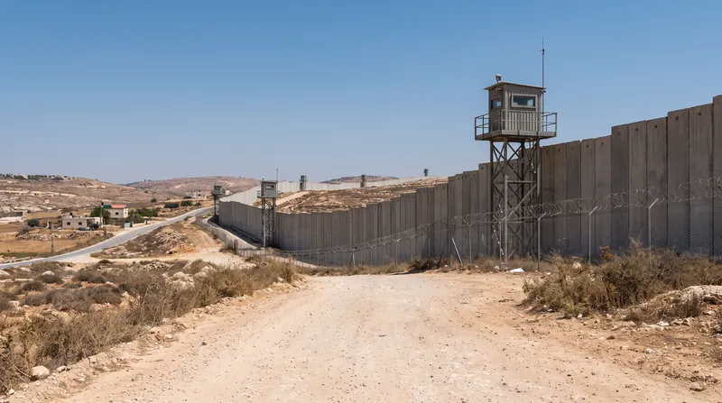A concrete separation wall dividing territories, featuring a watchtower under a clear blue sky.