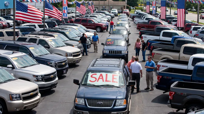 A wide view of a busy car dealership lot filled with traditional gas-powered SUVs and trucks.