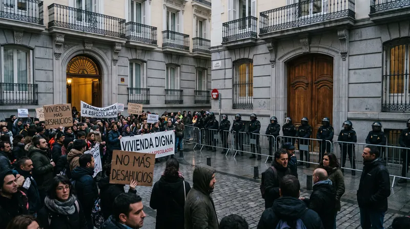 A large crowd of protesters holding signs gathers outside a classic Madrid apartment building.