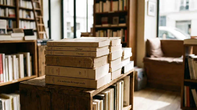 A stack of French literary novels resting on a wooden display table inside a Parisian bookstore.