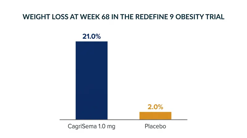 Adults with overweight or obesity lost 21.0% of their body weight over 68 weeks on CagriSema, compared to 2.0% on placebo.