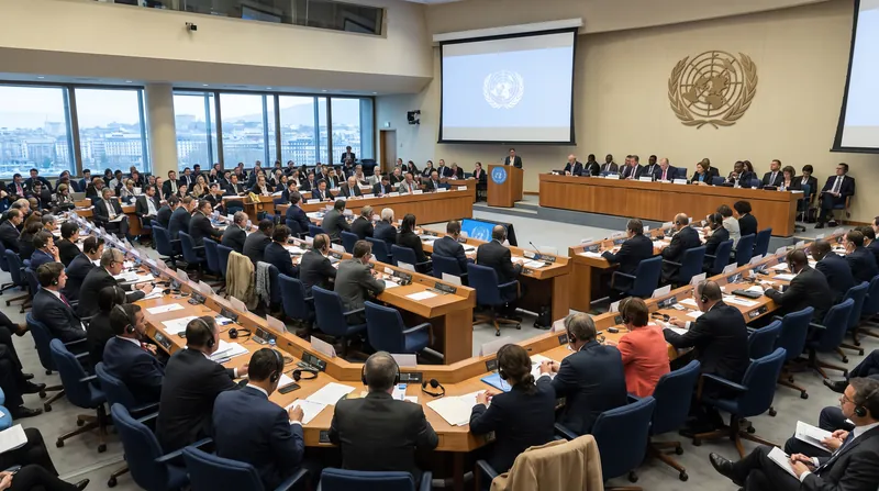 Delegates seated at curved desks inside the United Nations Human Rights Council chamber in Geneva.