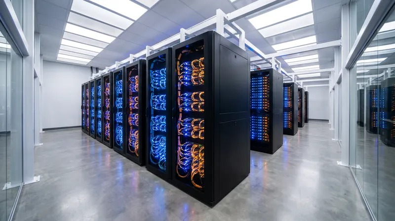 A brightly lit aisle of server racks in a modern data center with glowing blue cables.
