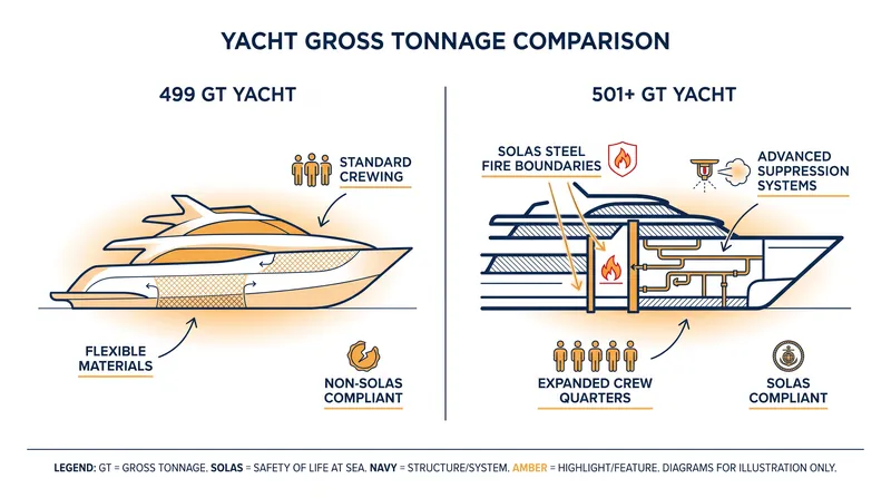 Crossing the 500 Gross Tonnage mark triggers a cascade of structural and crewing mandates under the REG Yacht Code.