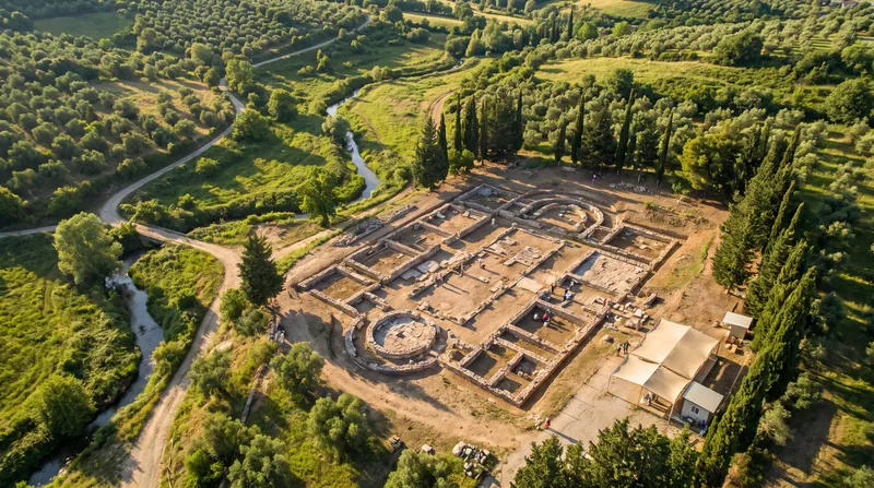 Aerial view of the excavated stone foundations and columns of the ancient Royal Gymnasium at Mieza in northern Greece.