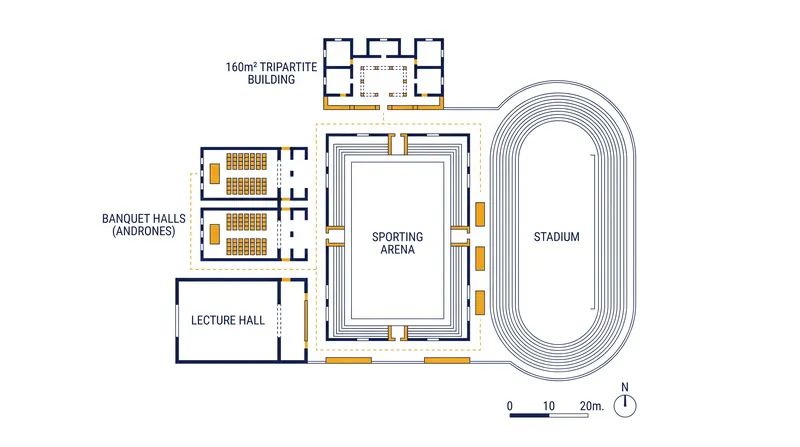 The sprawling complex included dedicated spaces for both philosophical study and military training.