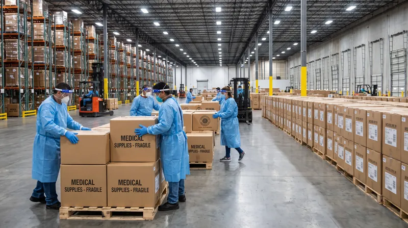 Medical professionals in protective gear organizing boxes of medical supplies in a large distribution warehouse.