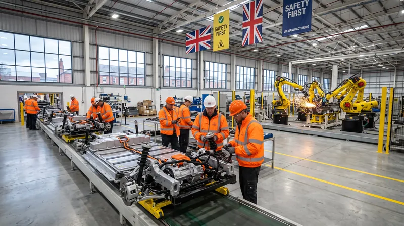 A line of partially assembled electric vehicles moving down a brightly lit automotive manufacturing plant conveyor belt.
