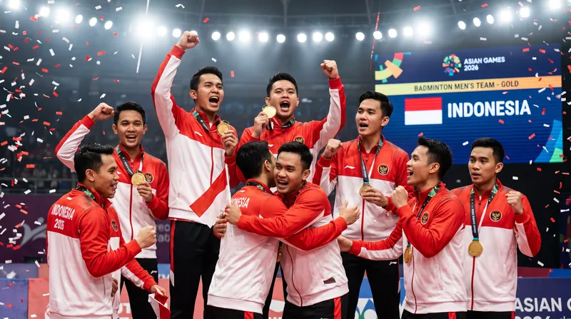 The Indonesian men's badminton team celebrating on the podium with their gold medals at the Asian Games.
