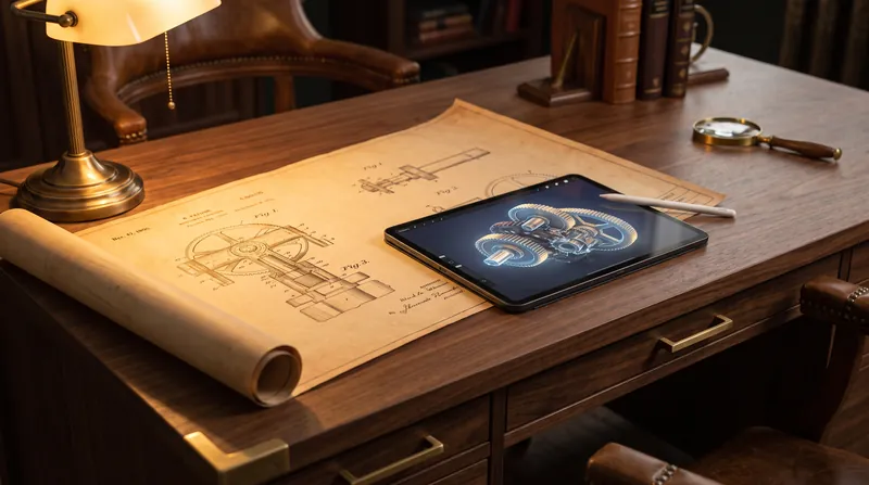 A classic patent blueprint resting on a wooden desk next to a modern digital tablet displaying a 3D CAD model.