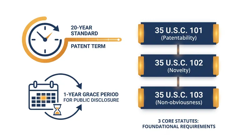 Key timelines and statutory codes governing US utility patents.