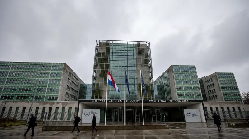 The exterior of the International Criminal Court headquarters building in The Hague, Netherlands.