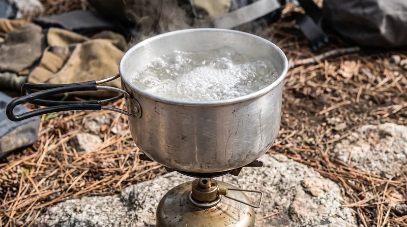 A metal pot of water at a vigorous rolling boil on a portable camping stove.