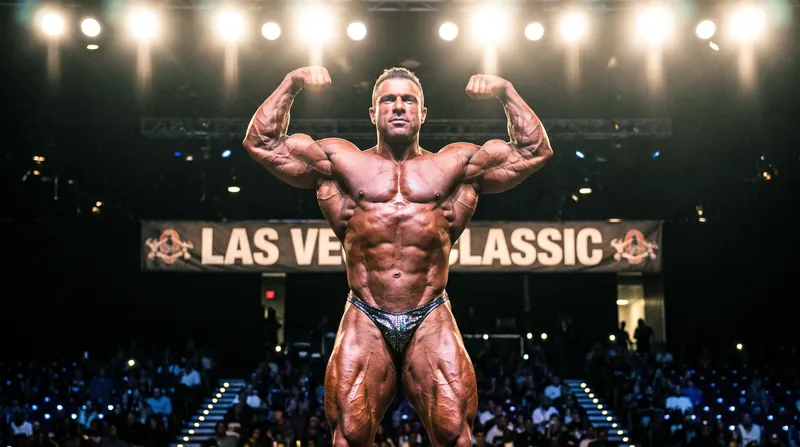 Nick Walker flexing on the Mr. Olympia stage under bright overhead lights, showcasing extreme muscular definition.
