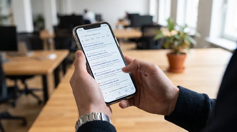 A person holding a smartphone displaying a Google search results page without any product carousels.