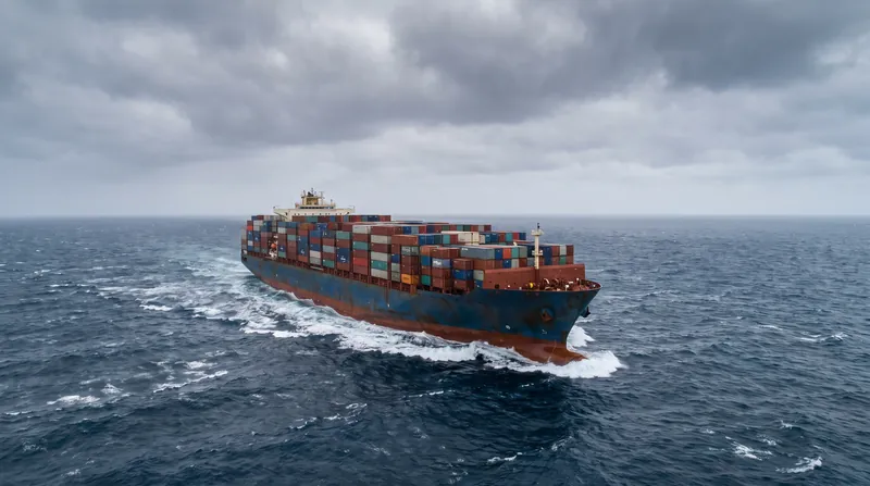 A large commercial container ship sailing through rough ocean waters under a cloudy sky.