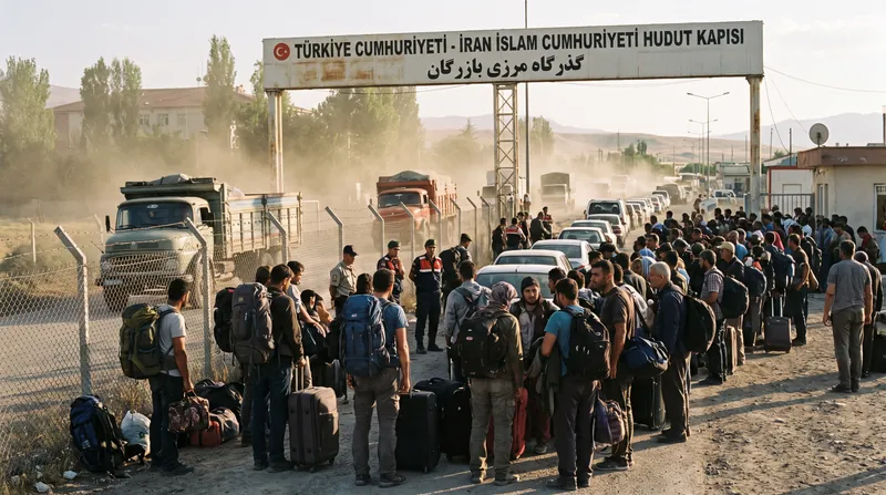 Travelers carrying heavy luggage walk through a dusty border crossing facility between Turkey and Iran.