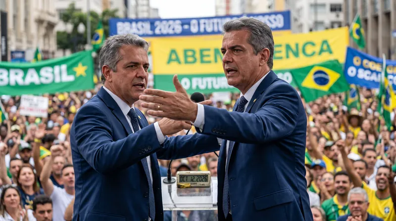 A Brazilian presidential candidate speaks passionately to a crowd of supporters at a campaign rally.