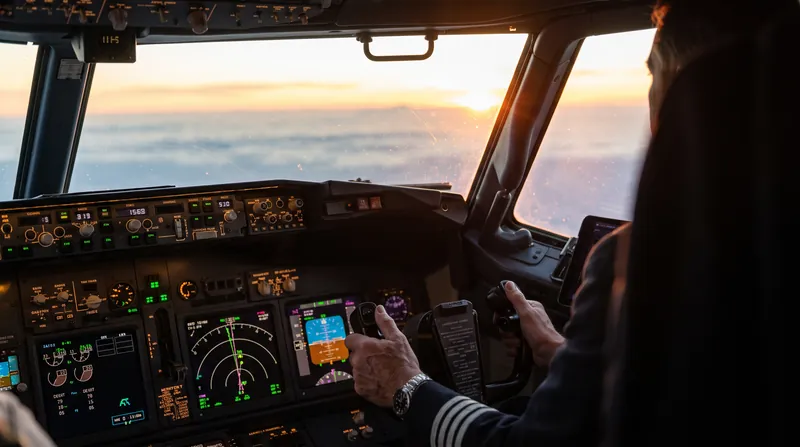 A commercial airline pilot's hands resting on the yoke inside a cockpit illuminated by morning sunlight.