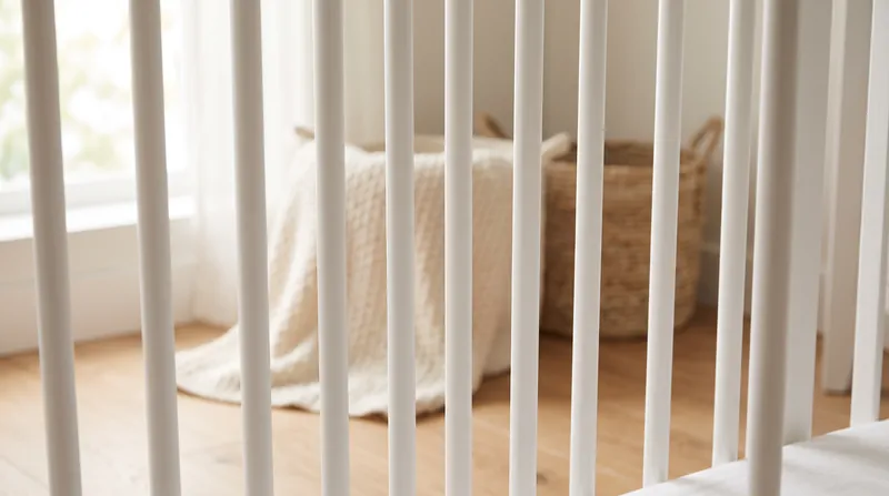 A close-up view of a modern white wooden baby crib focusing on the evenly spaced vertical slats.