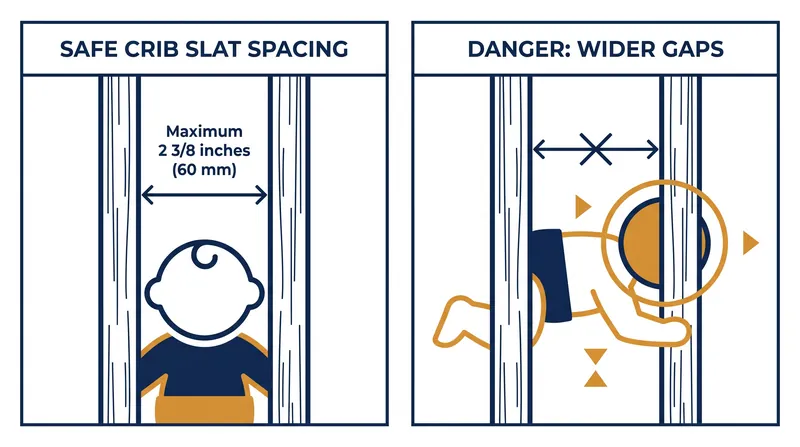 The 2 3/8-inch limit is specifically calibrated to prevent an infant's head from becoming trapped between the bars.