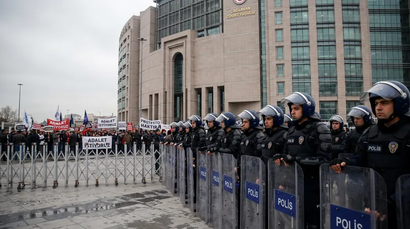 Turkish riot police stand in a line outside the Çağlayan courthouse in Istanbul while protesters hold banners in the background.