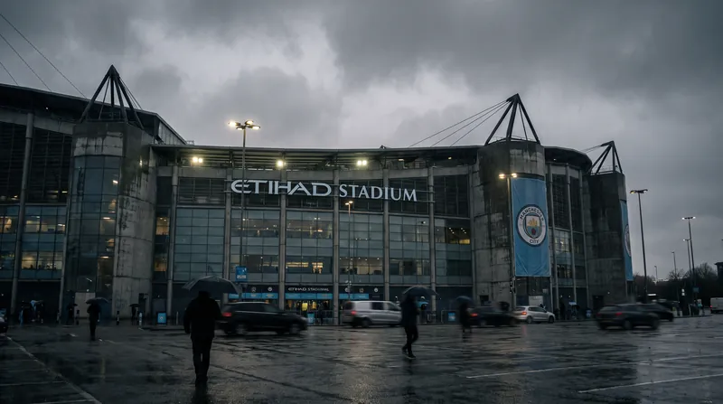 Exterior view of the Etihad Stadium, home of Manchester City Football Club, under overcast skies.