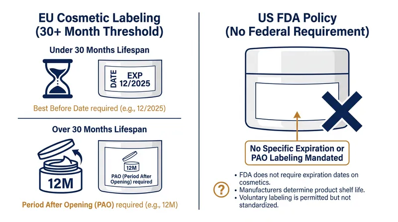 While the EU mandates post-opening safety timelines, the US FDA leaves expiration tracking to the consumer.